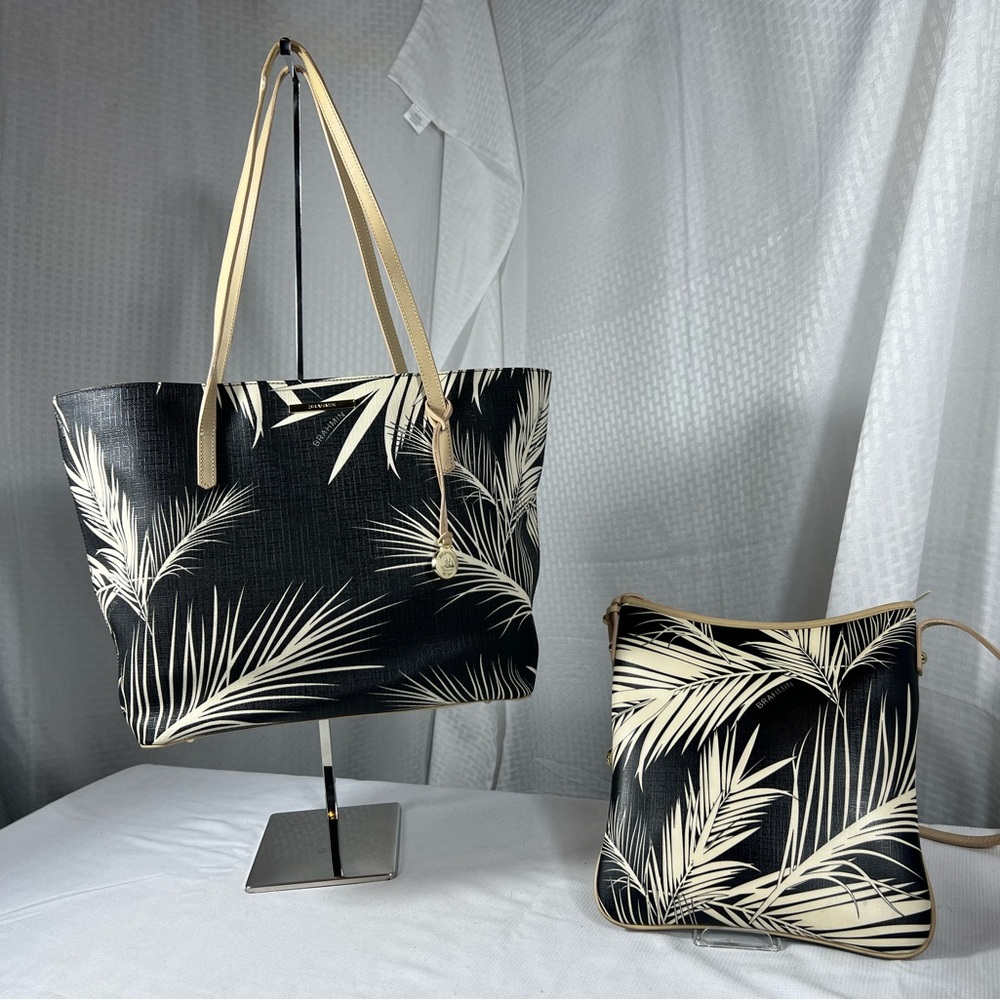 Brahmin Black and Cream Palm Print Tote and Crossbody Set!